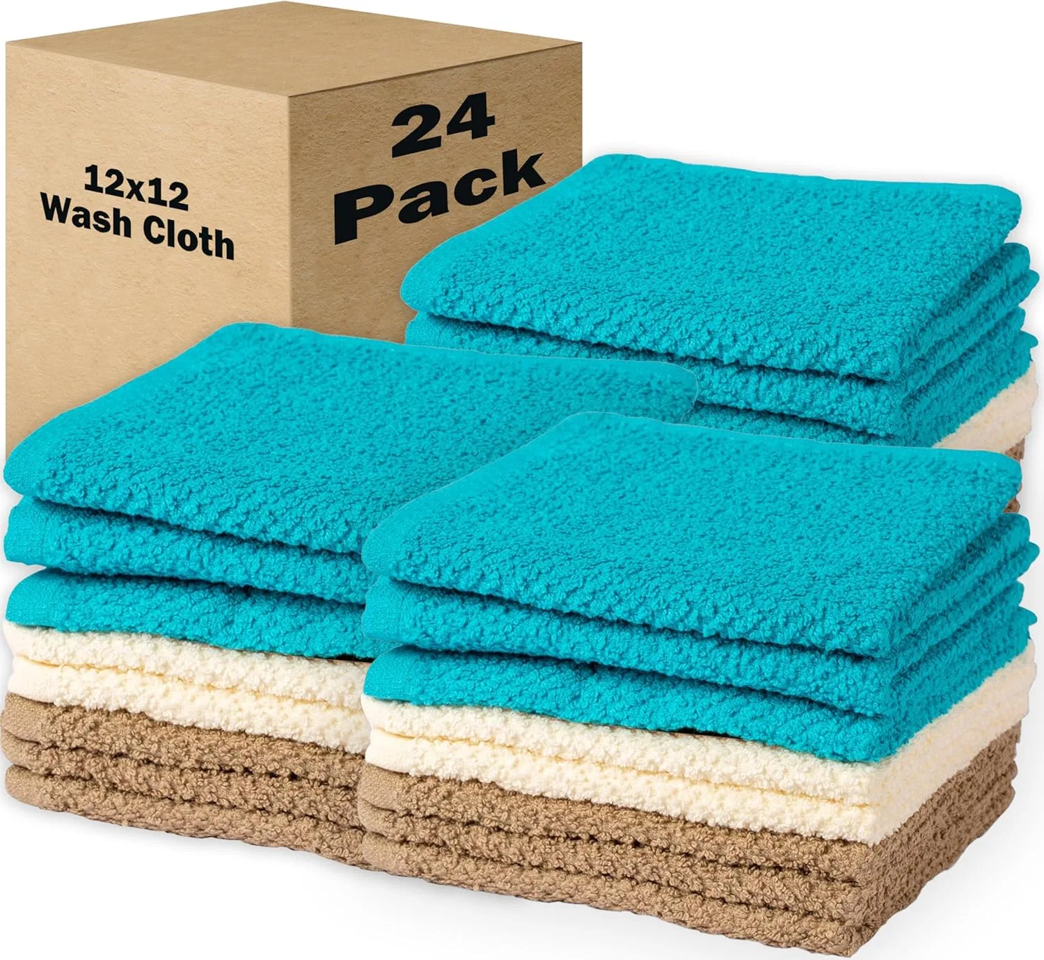 Набор мочалок Popcorn Fabric Wash Cloths Living Fashions, 24 шт, 12x12 дюймов, Teal, Cream, Taupe