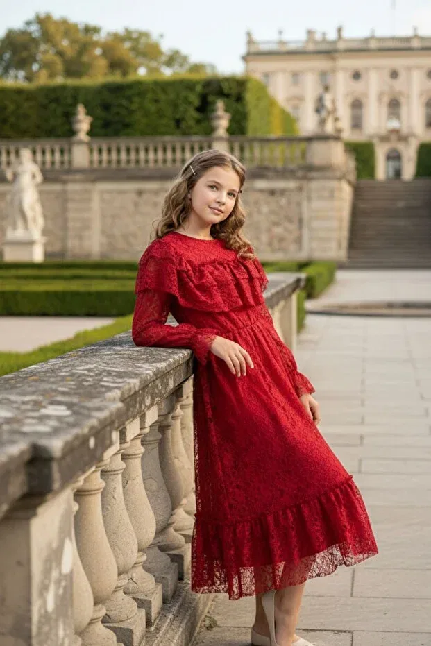 Детское платье для девочек кружевное Hç Hülya Çelik Kidswear 2018, Burgundy Hç Hülya Çelik Kidswear 2018 — фото 4