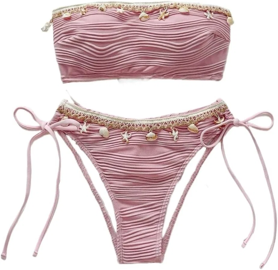 Женский бикини-сет с высокой талией, кружевной завязкой, Pink