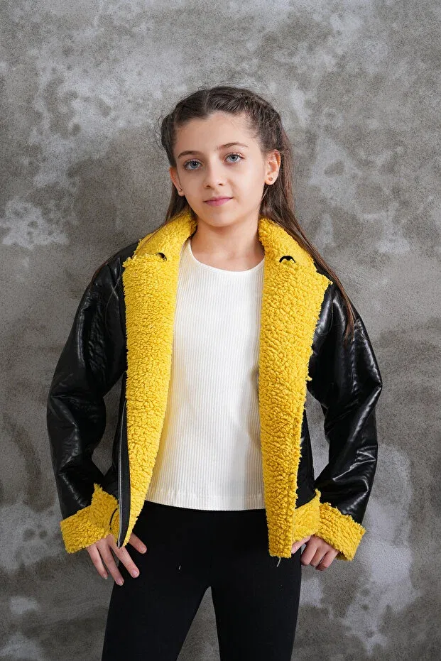 Детское пальто для девочек с искусственным мехом Wiens Kids, Yellow — фото 3