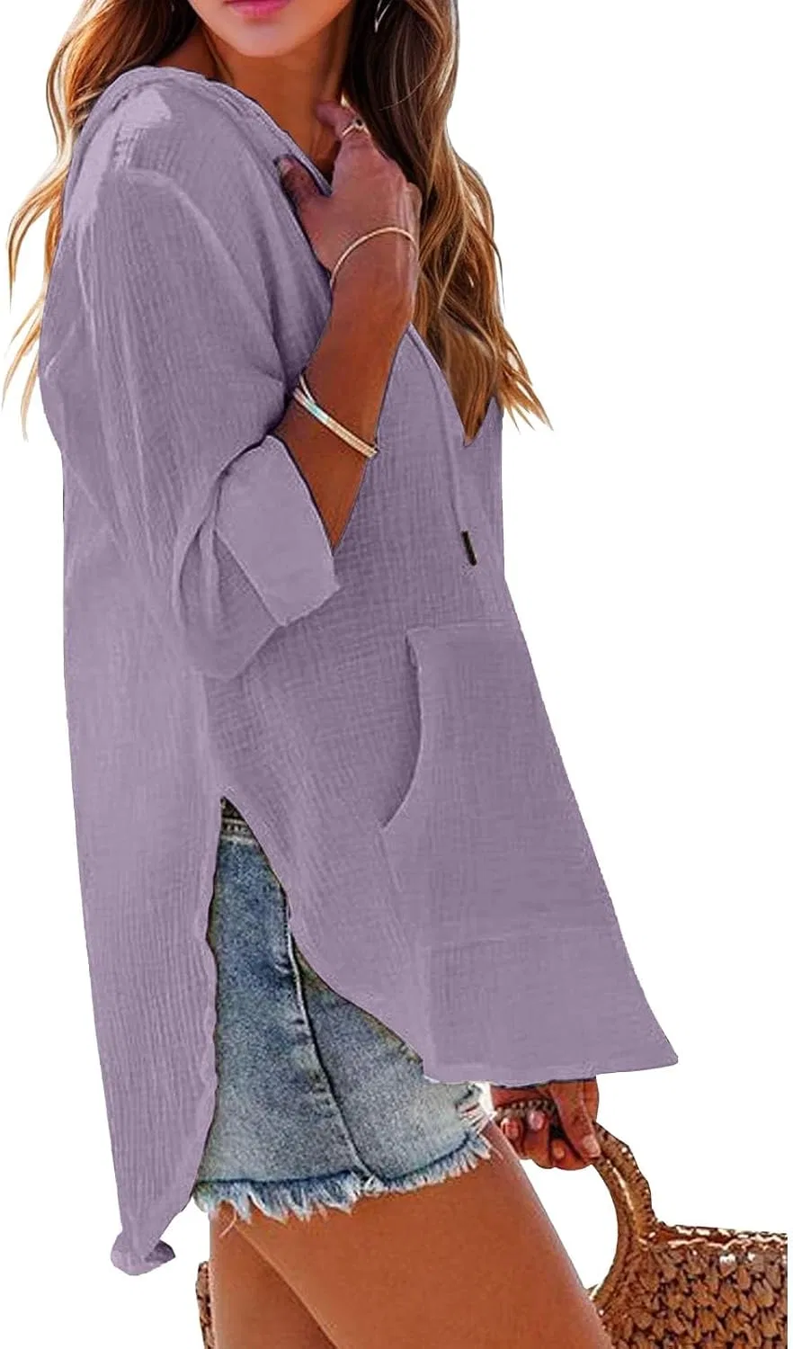 Женская льняная рубашка с длинным рукавом Linen Shirts for Women, A-light Violet — фото 4