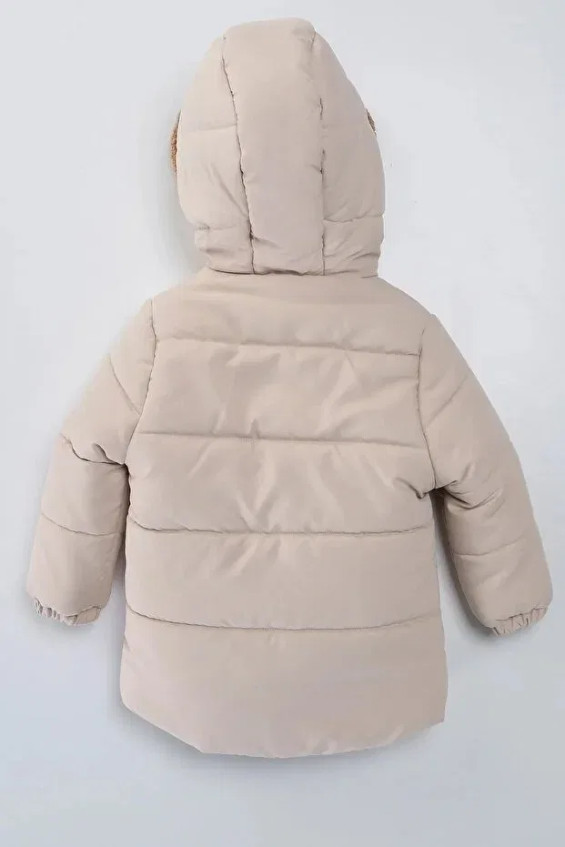 Детское зимнее пальто для девочек с капюшоном Teddy bear plush fur inside zippered pocket hooded soft snow winter girl boy baby coat children's coat Mdm, Beige — фото 4