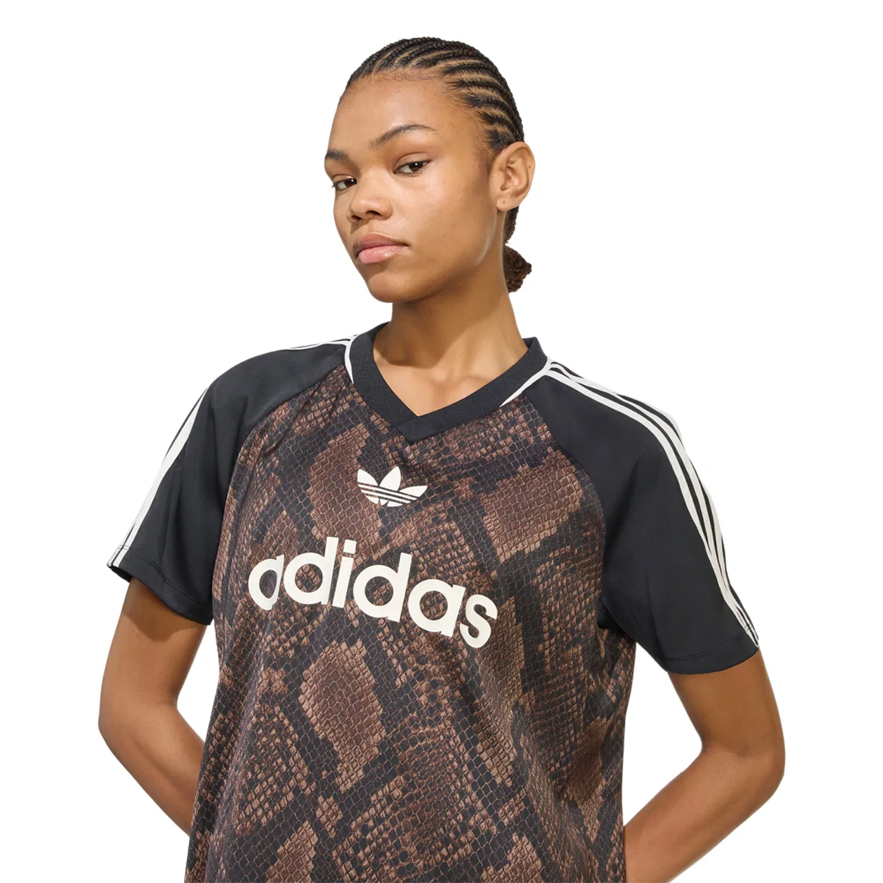Женская футболка с принтом Snake Print Satin Short Sleeve Jersey, adidas, Aurora Coffee/Earth Strata — фото 3