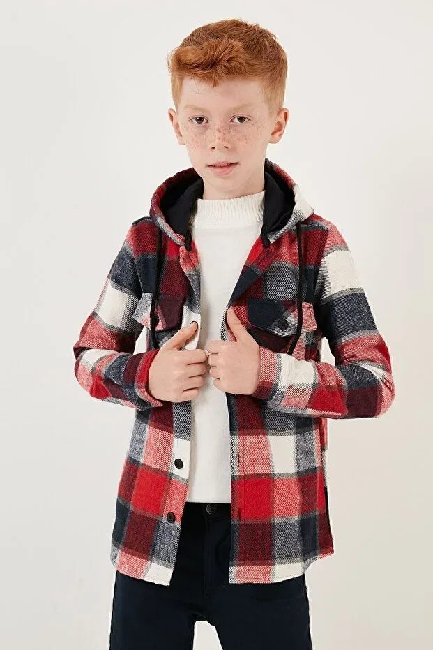 Детская рубашка с капюшоном с принтом Hooded double pocket plaid winter lumberjack shirt boy's shirt cf24w81778 Lela, Red