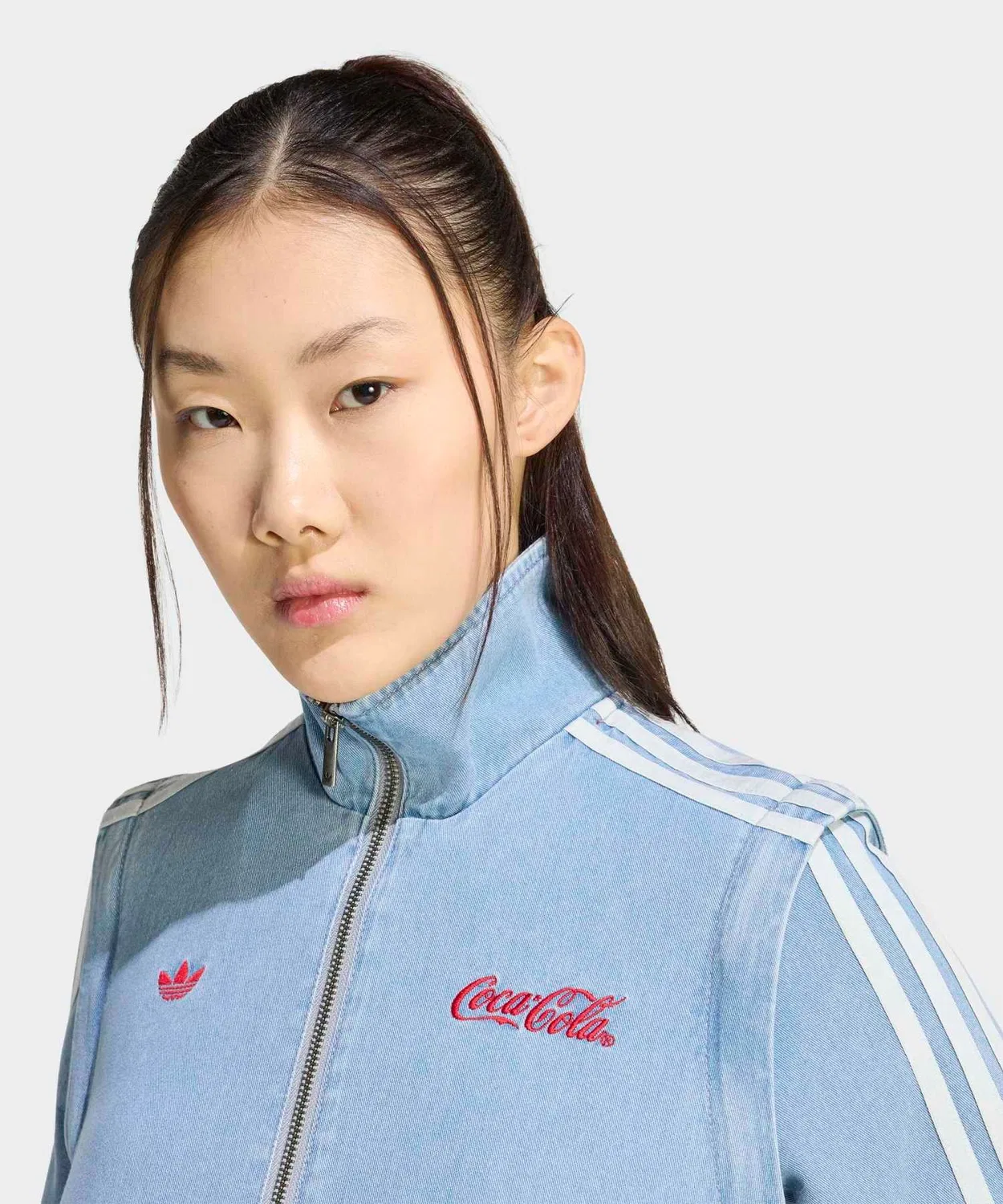 Женский джинсовый трикотажный топ-трак с полной застежкой-молнией, Firebird Leg Denim Adidas, Blue — фото 4