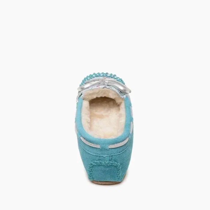 Детские тапочки-мокасины из замши с принтом Cassie Turquoise Unicorn Minnetonka, синий — фото 4