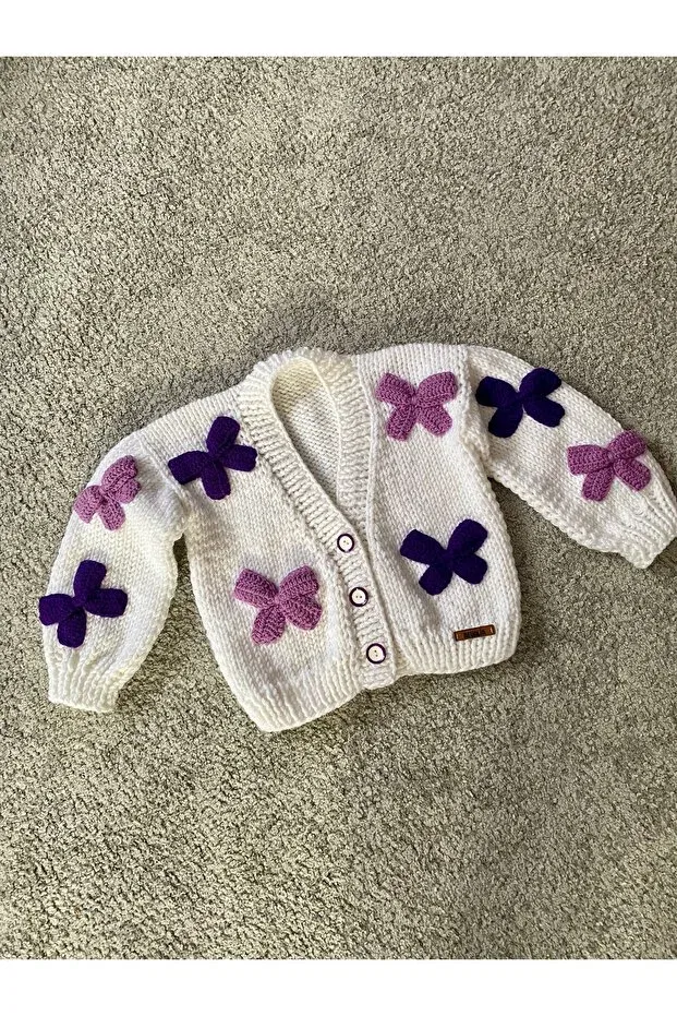 Детский вязаное кардиган для девочек с бантом Hand knitted bow detailed girl's Nevalin, White — фото 4