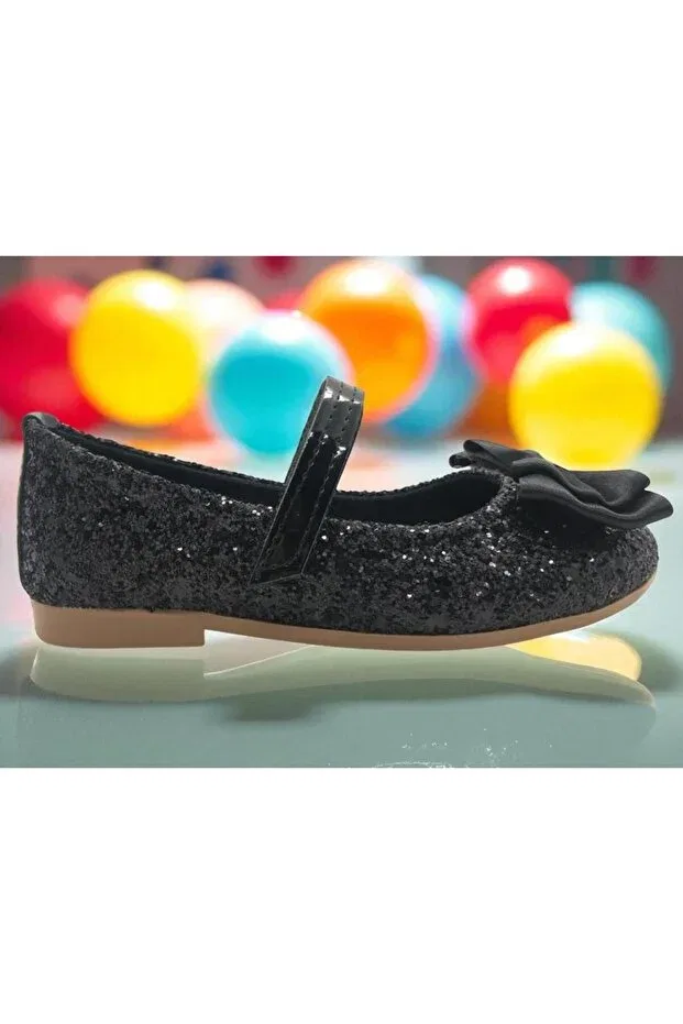 Детские балетки для девочек с бантом Kuromili Shiny Black Sequin Bow Ballerina Shoes Markaboni, Black — фото 3