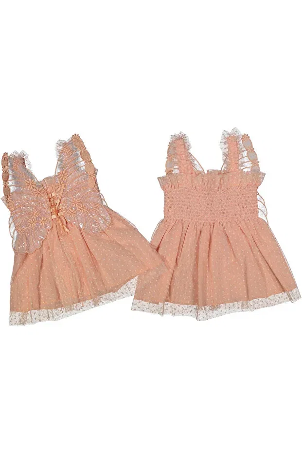 Детское платье для девочек с принтом Butterfly patterned girl's dress - back winged Merve Öztürk, Salmon