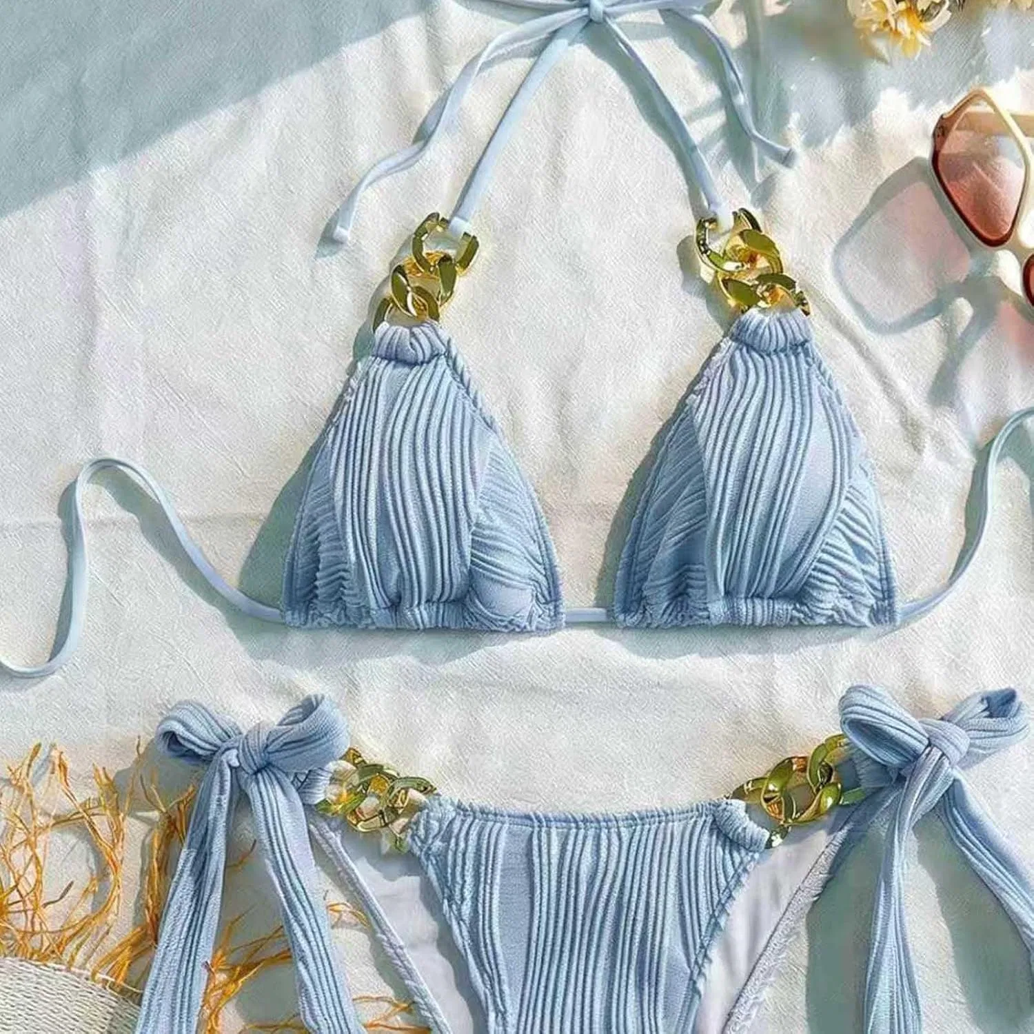Женский бикини-комплект с металлической цепочкой Triangle Thong, Blue — фото 3