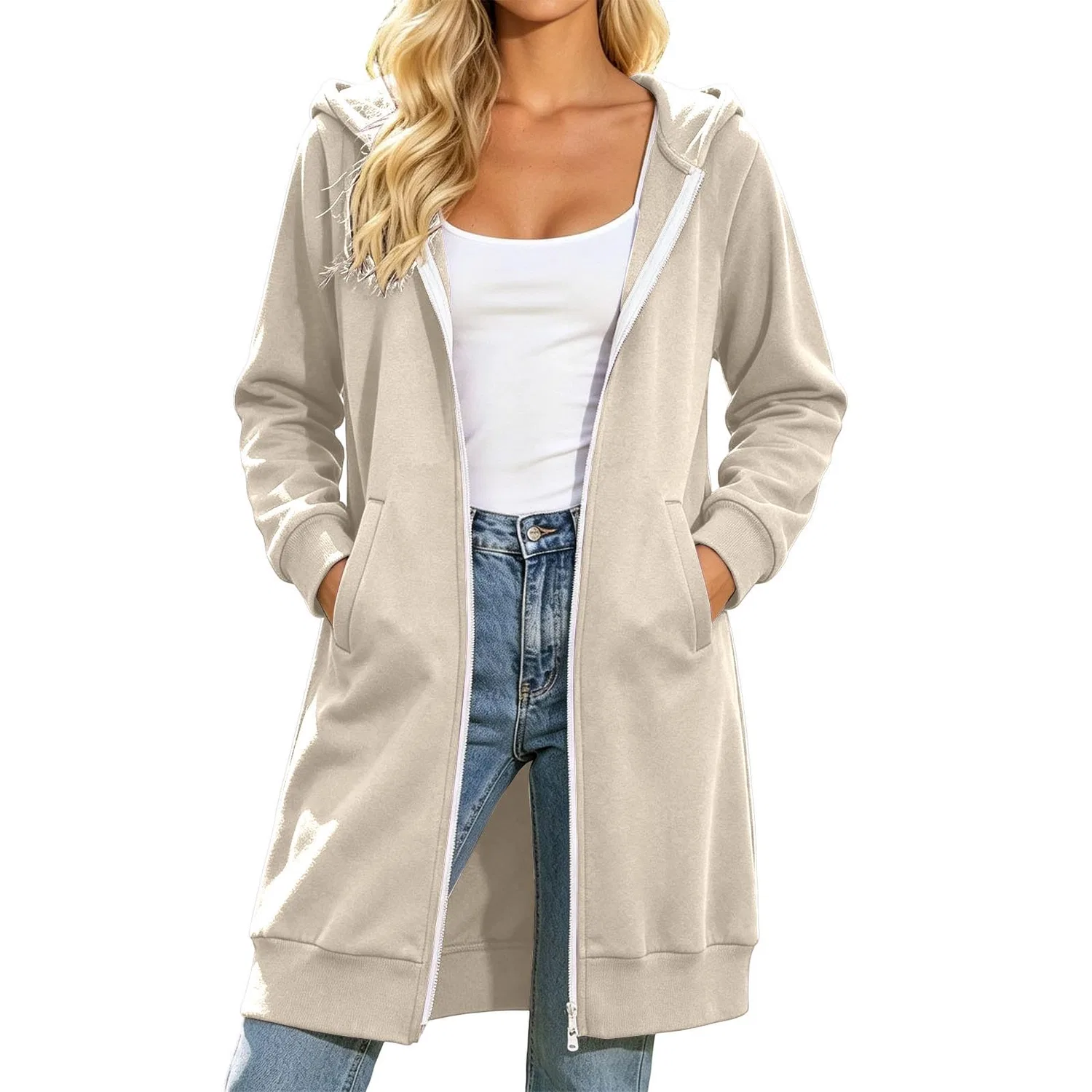 Женское длинное пальто с капюшоном и карманами, Beige