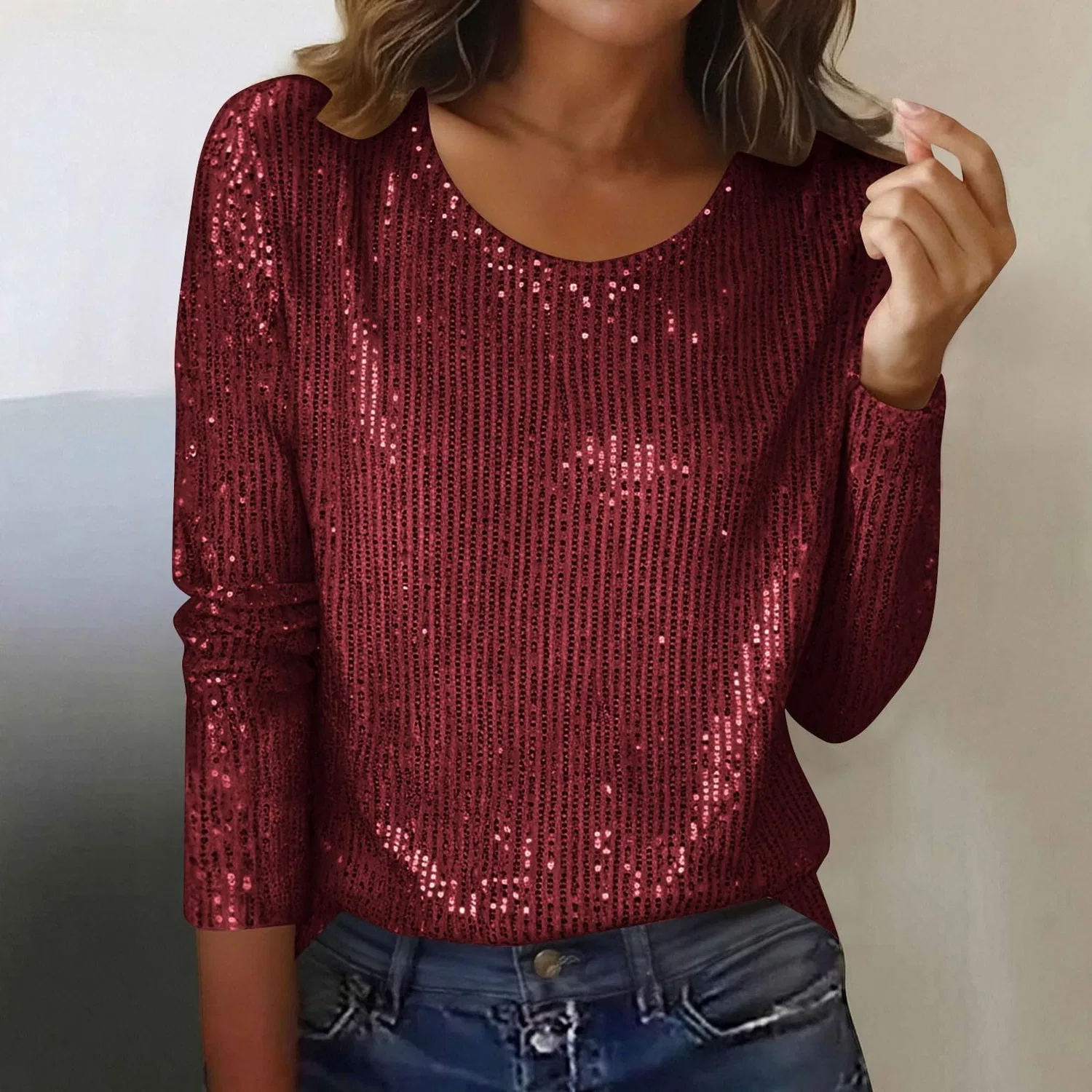 Женская блестящая блузка с длинным рукавом Sequin Tops, 30b-wine — фото 2