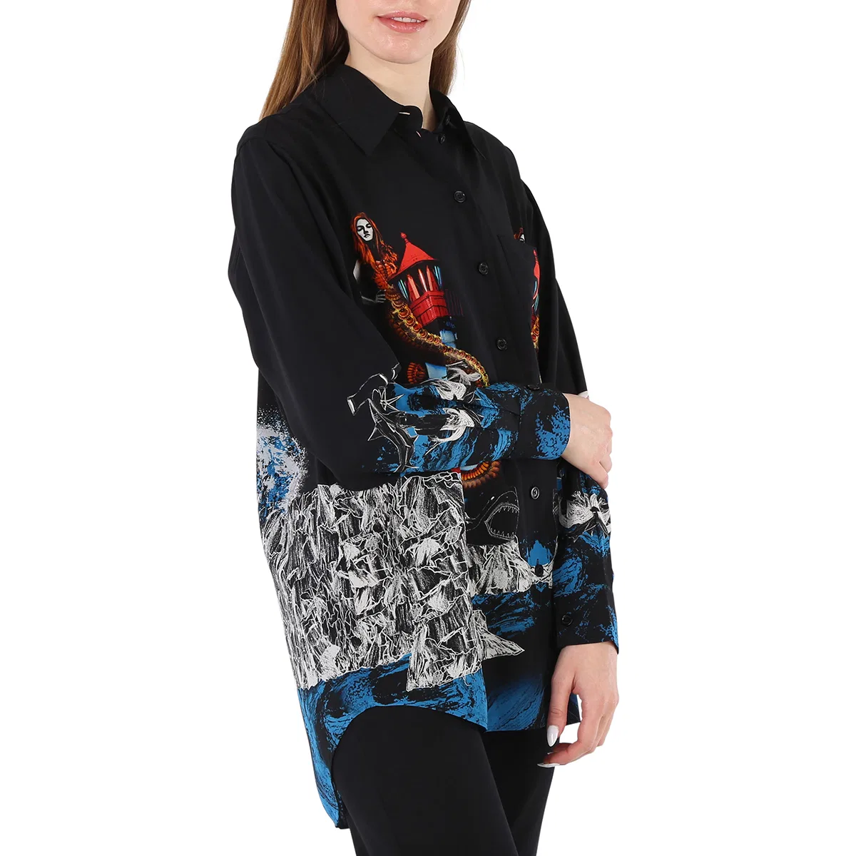 Шелковая рубашка с принтом русалки Ladies Mermaid Printed Silk Shirt Burberry, Black Ip Pat — фото 2