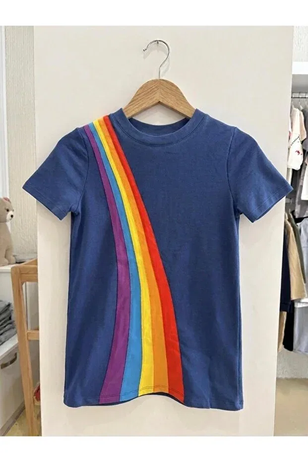 Детское платье для девочек хлопковое Rainbow Color Dress Miniminnakkidswear, Navy Blue — фото 4