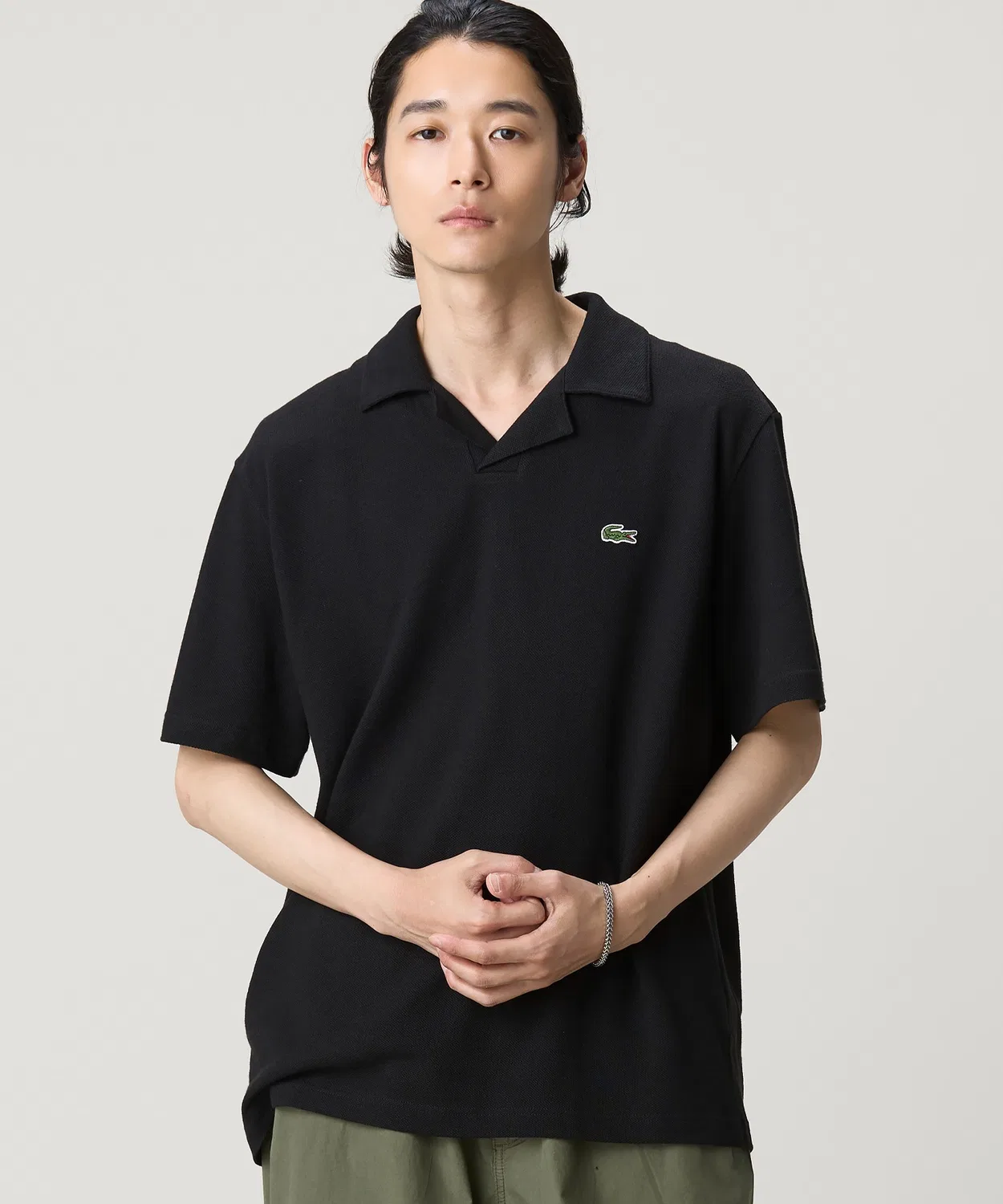 Мужская футболка поло с открытым воротом, хлопок и лен, Classic Fit LACOSTE, Off White — фото 4