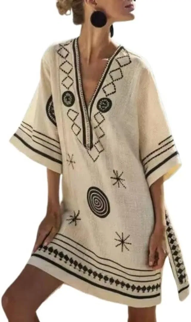 Женское летнее платье с летучими рукавами богемное, Ethnic Print-black