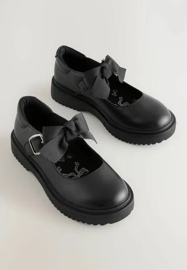 Туфли кожаные Wide fit (g) fit - leather bow chunky mary jane school shoes - ankle strap ballet pumps Next black matt, черный — фото 2