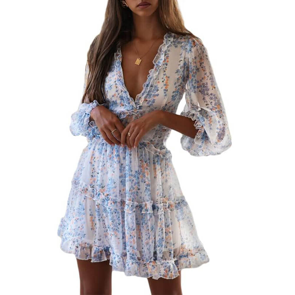 

Платье-мини Dokotoo Ruffle Long Sleeve Floral Print, белый/голубой