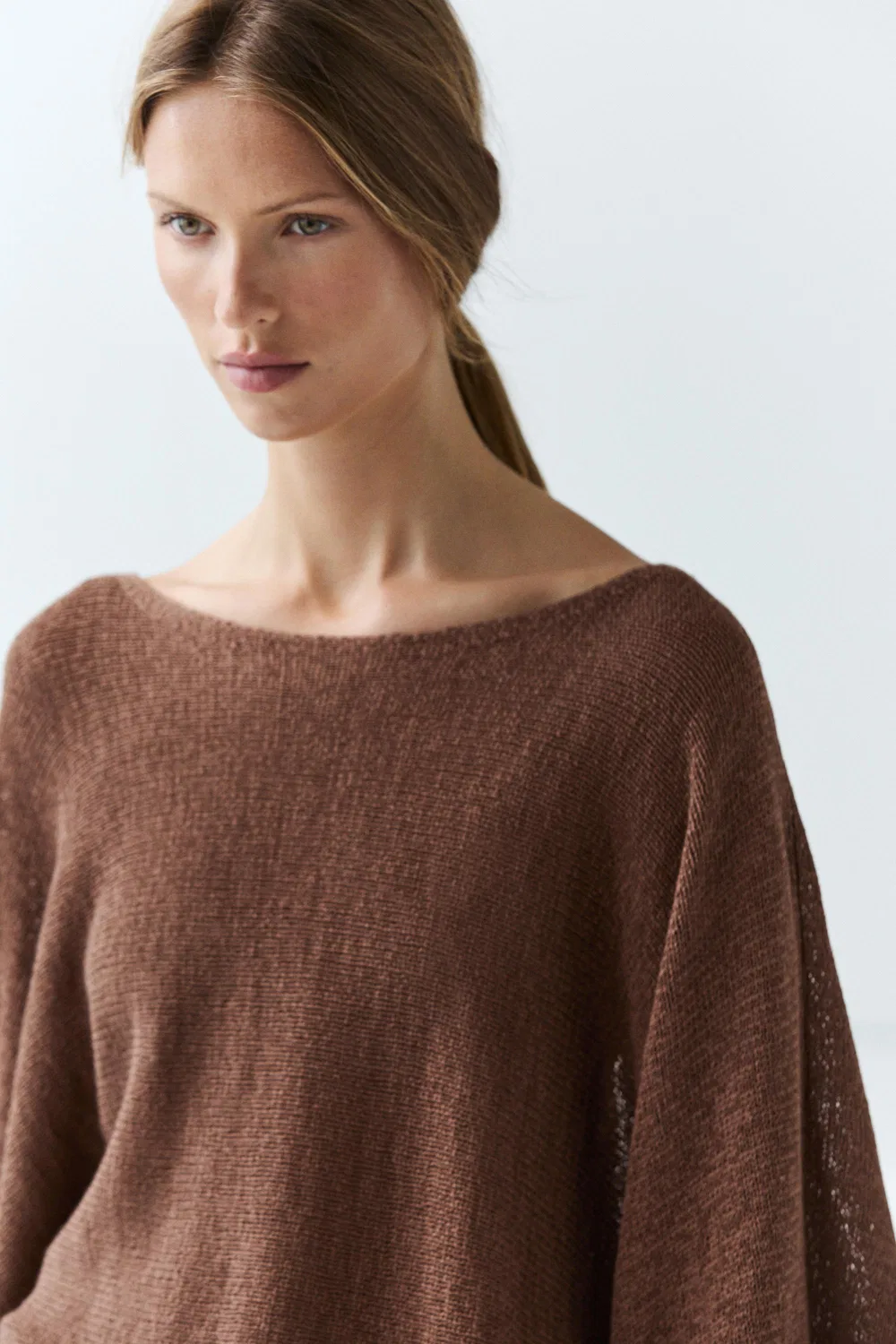 Свитер Massimo Dutti Cotton Blend Knit With Belt, коричневый — фото 4