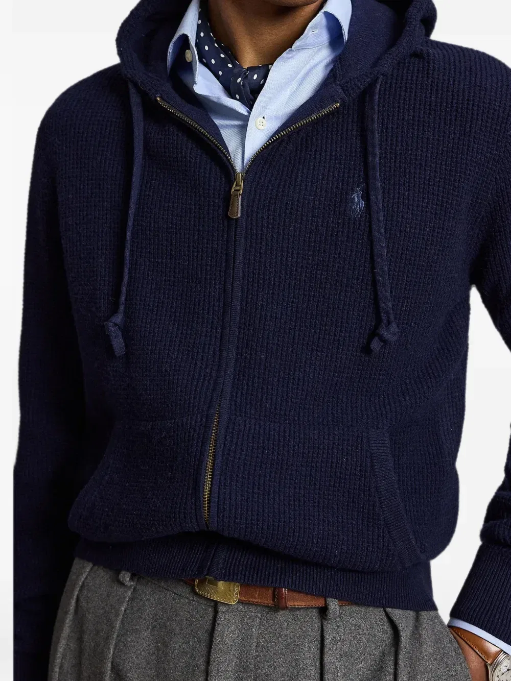 Вязаный вафельной вязкой свитер с капюшоном из шерсти и хлопка Polo Ralph Lauren, синий — фото 4