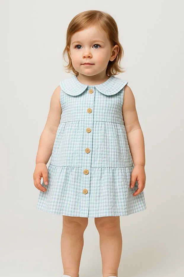 Детское платье для девочек с рюшами Plaid flounce sleeveless wooden button detailed ruffled collar summer baby girl dress Cassiope, Blue
