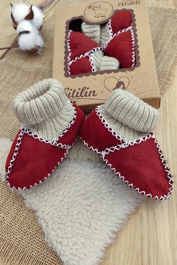 Детские пинетки с принтом Organic leather unisex baby booties natural baby socks with wool inside stl718-22 Sitilin, Burgundy — фото 4