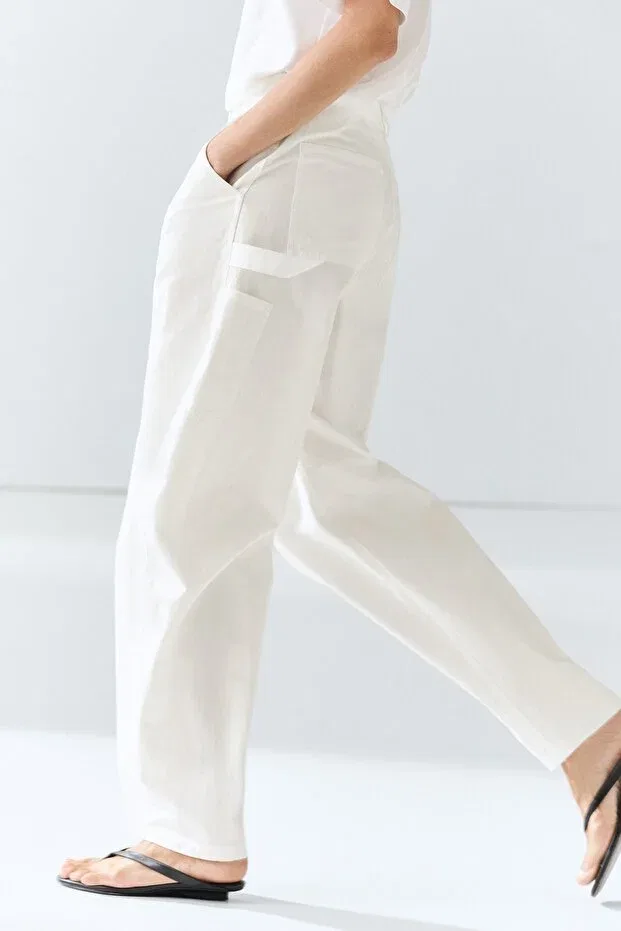 Женские широкие брюки карго хлопковые Massimo Dutti, White — фото 3