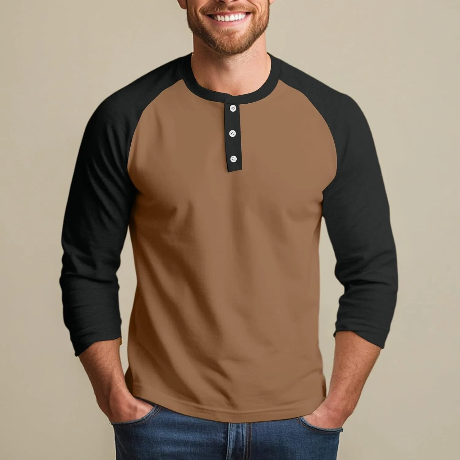 Мужская повседневная футболка с реглан-рукавом 3/4, 01-light Brown — фото 3