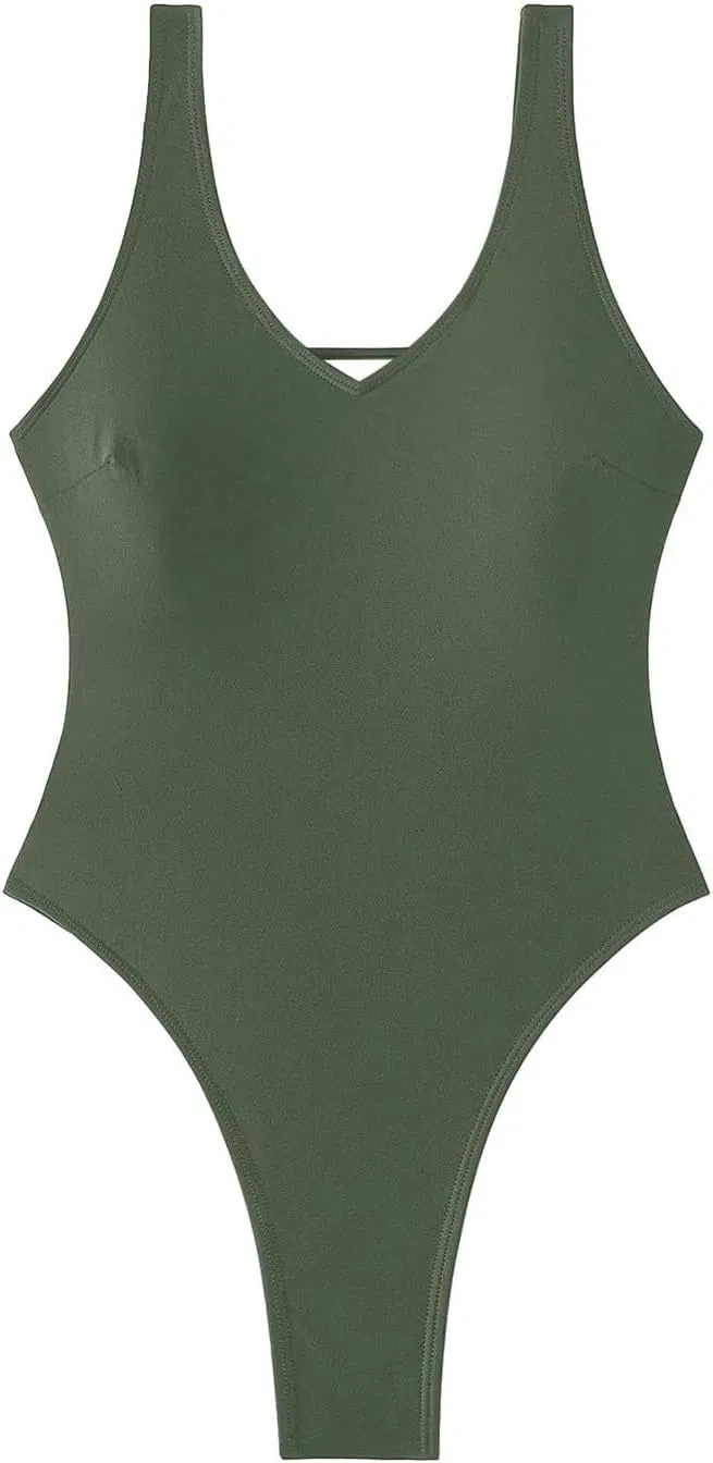 Женский цельный купальник с высоким вырезом бедра Generic, Army Green — фото 2