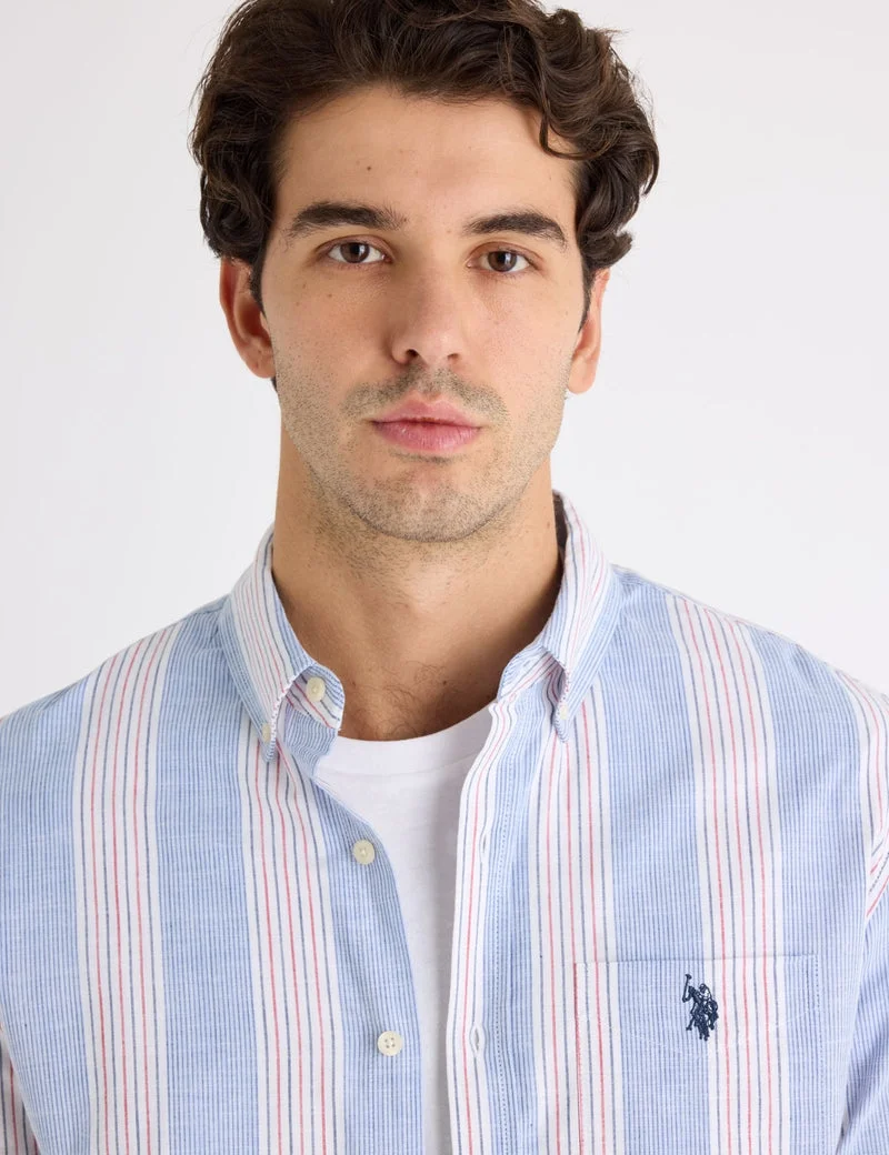 Мужская рубашка U.S. Polo Assn. Long Sleeve Vertical Stripe Slub Poplin, лазурно-голубой/белый/красный — фото 4