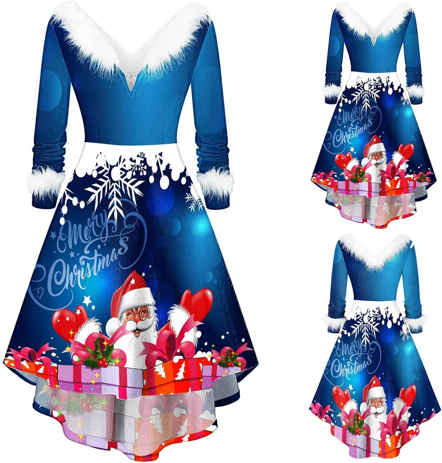 Женское платье с V-образным вырезом с длинным рукавом, Christmas Print, 5-Blue — фото 2