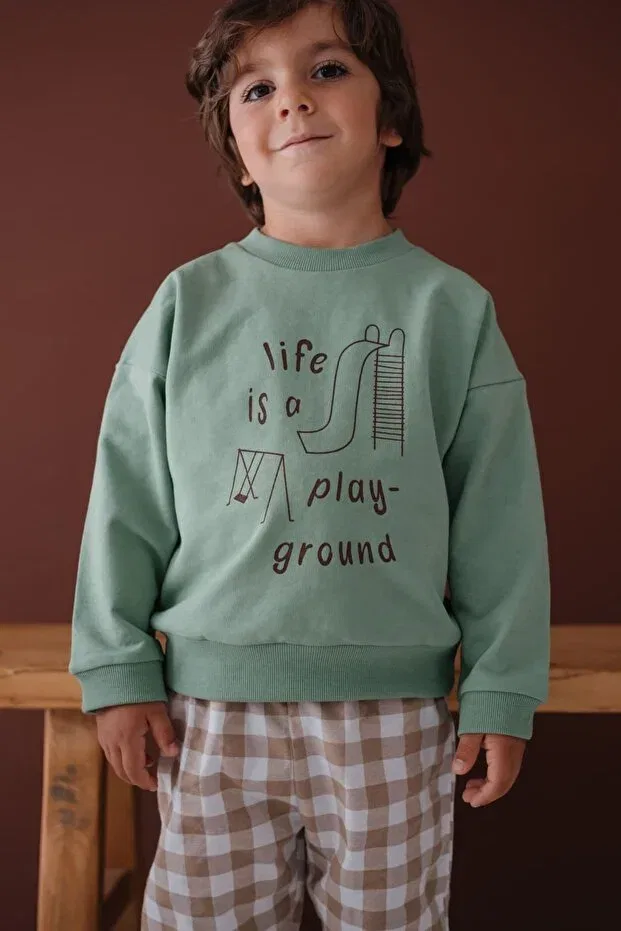 Детские свитшот для девочек с принтом Play Park Drawing And Printed Embossed Green Unisex Children'S Sweatshirt Ilo And Friends, Mint — фото 2