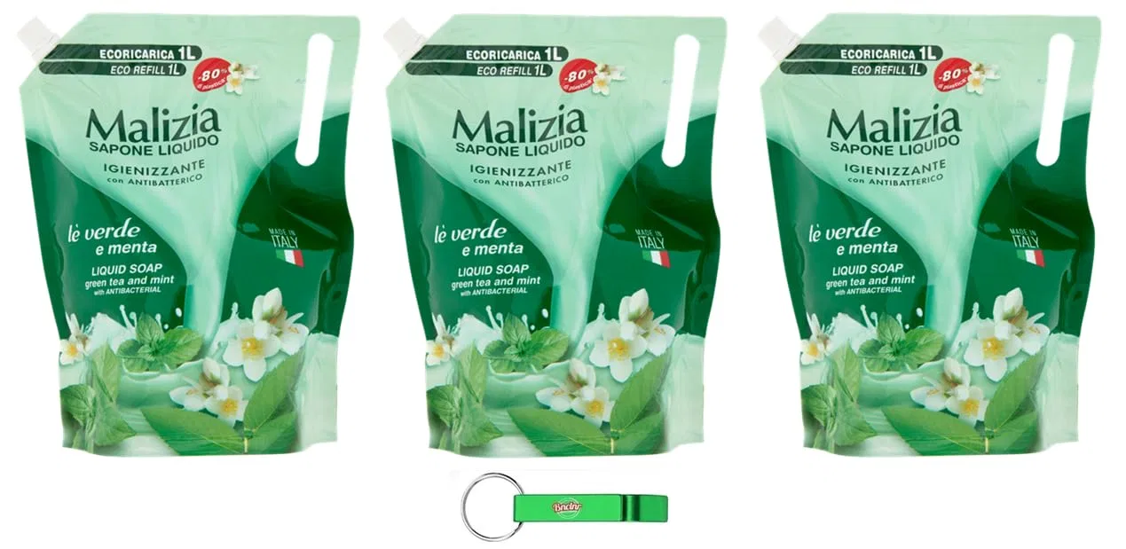 Жидкое мыло Malizia с зеленым чаем и мятой, 3 x 1000 мл, Beni Culinari