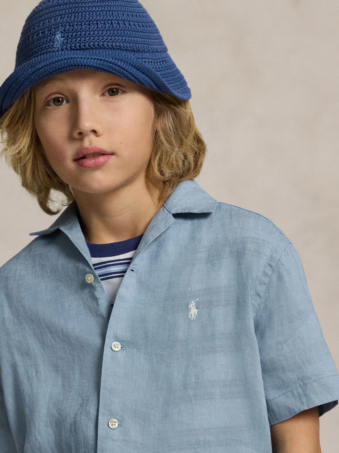 Рубашка с коротким рукавом и кубинским воротником, из льна Polo Ralph Lauren, синяя — фото 3