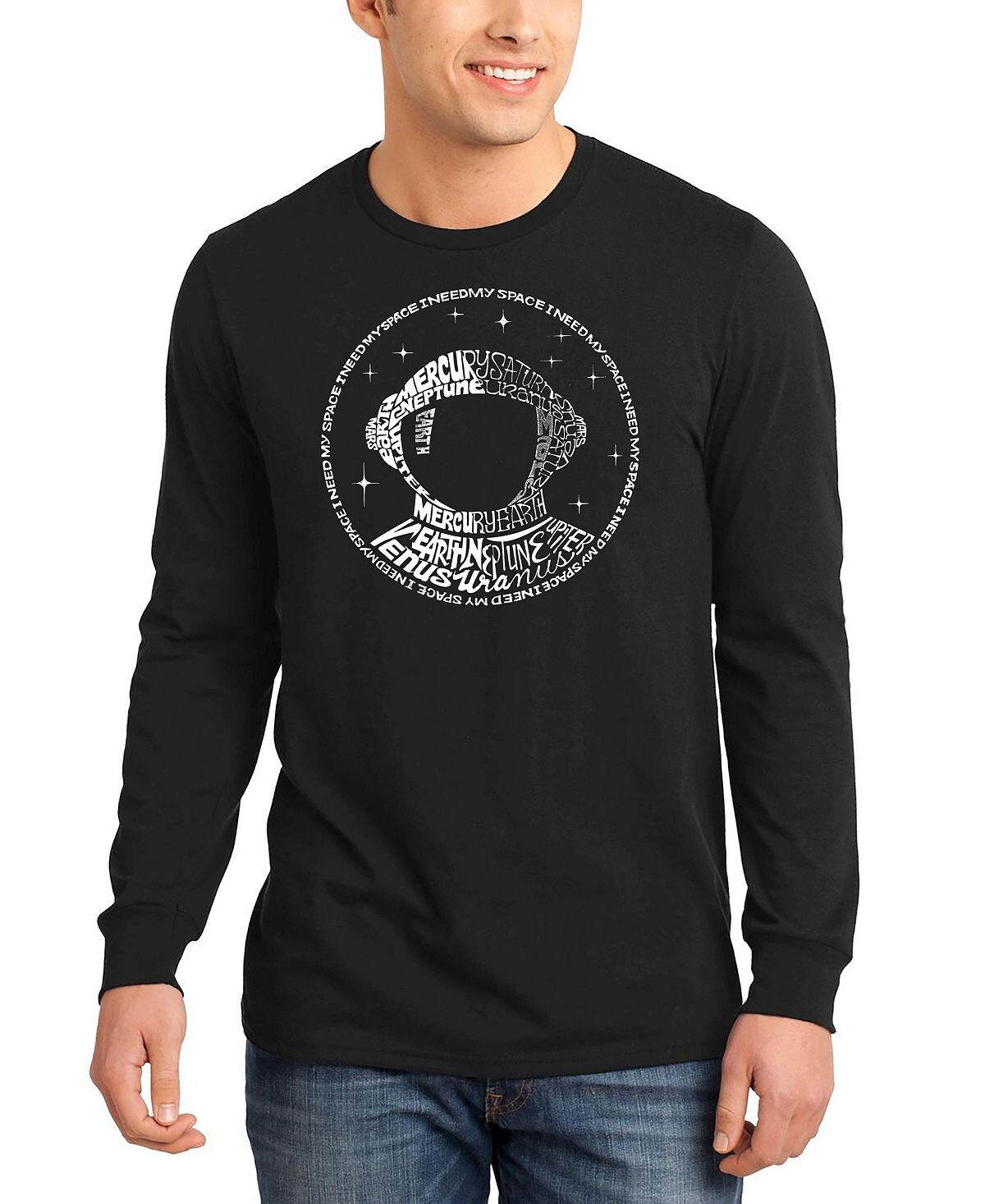 

Мужская футболка с длинным рукавом i need my space astronaut word art LA Pop Art, черный
