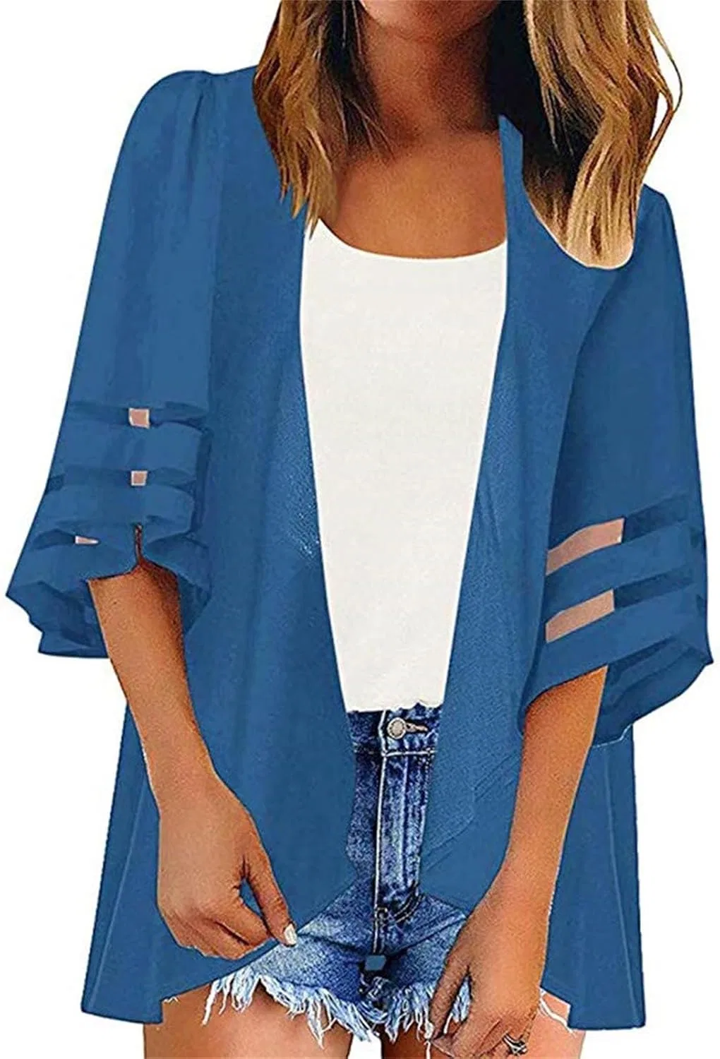 Женский легкий кардиган с рукавами 3/4 колокол Mesh, Dark Blue