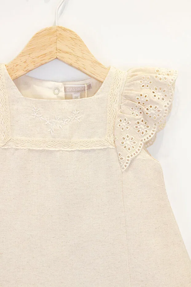 Детское платье для девочек кружевное Lace sleeve linen look summer natural stylish and comfortable cut baby girl dress Cassiope, Beige — фото 4