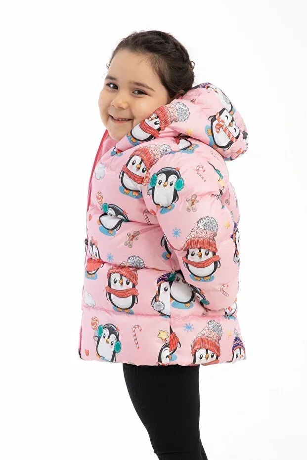 Детское пальто для девочек пуховое с принтом Penguin Candy Outriverkids, Pink — фото 2