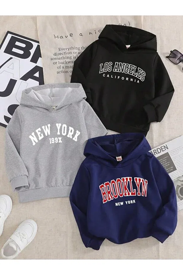 Детский комплект свитшотов с капюшоном с принтом для мальчиков Brooklyn-Newyork-Losangeles Morning Kids, Navy-Blu-Black-Gray