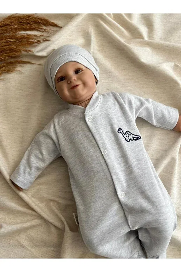 Детский комбинезон для мальчиков с длинным рукавом Tiny Dinosaur Embroidered Romper and Hat Zuff Baby, Gray