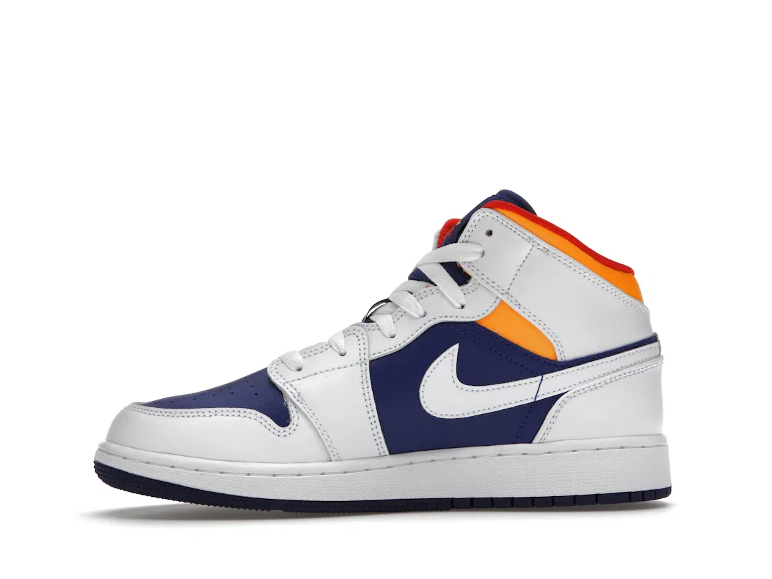 Детские кроссовки для мальчиков с высоким берцем Jordan 1 Mid Jordan, White/Laser Orange-Deep Royal Blue — фото 3