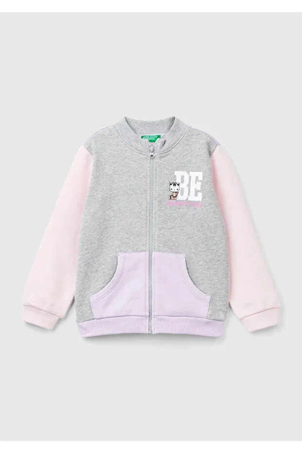 Детские свитшот для девочек с принтом Girl's gray melange mix front logo printed regular fit zippered pocket sweatshirt United Colors Of Benetton, Gray Melange Mix