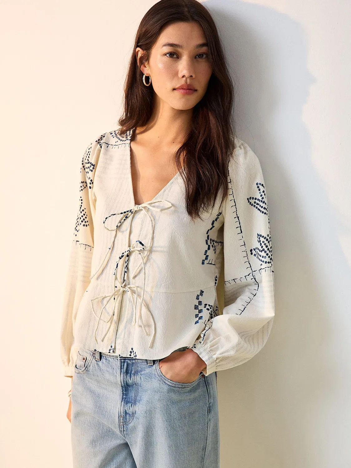 Блуза с завязками, цветочный принт Ecru Jacquard Blue Next, бирюзовый