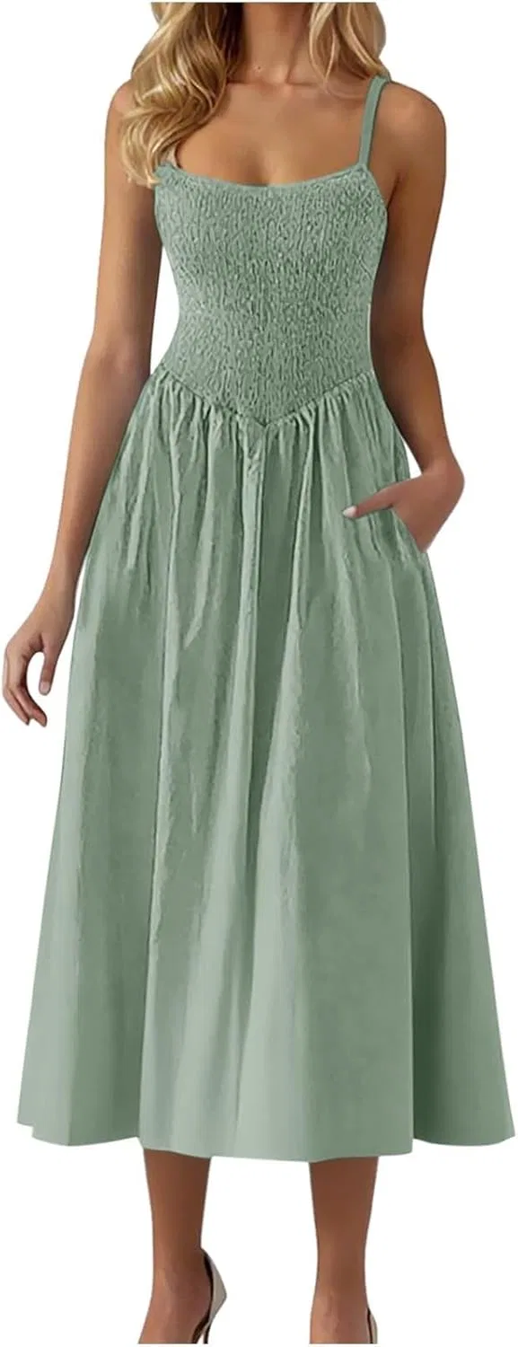 Женское летнее платье миди на бретелях с квадратным вырезом, Mint Green