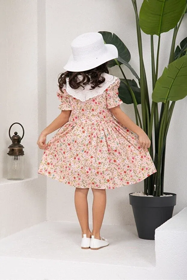 Детское платье для девочек хлопковое Vintage Scallop Collar Powder Floor Colored Floral Küçüğüm Butik, Powder — фото 4