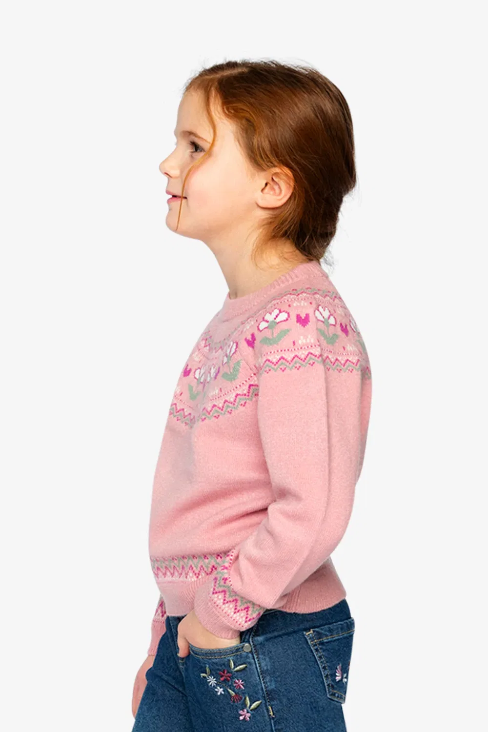 Детский свитер с длинным рукавом и цветочным жаккардом Flower Jacquard Deux par Deux, Pale Dusty Pink — фото 3