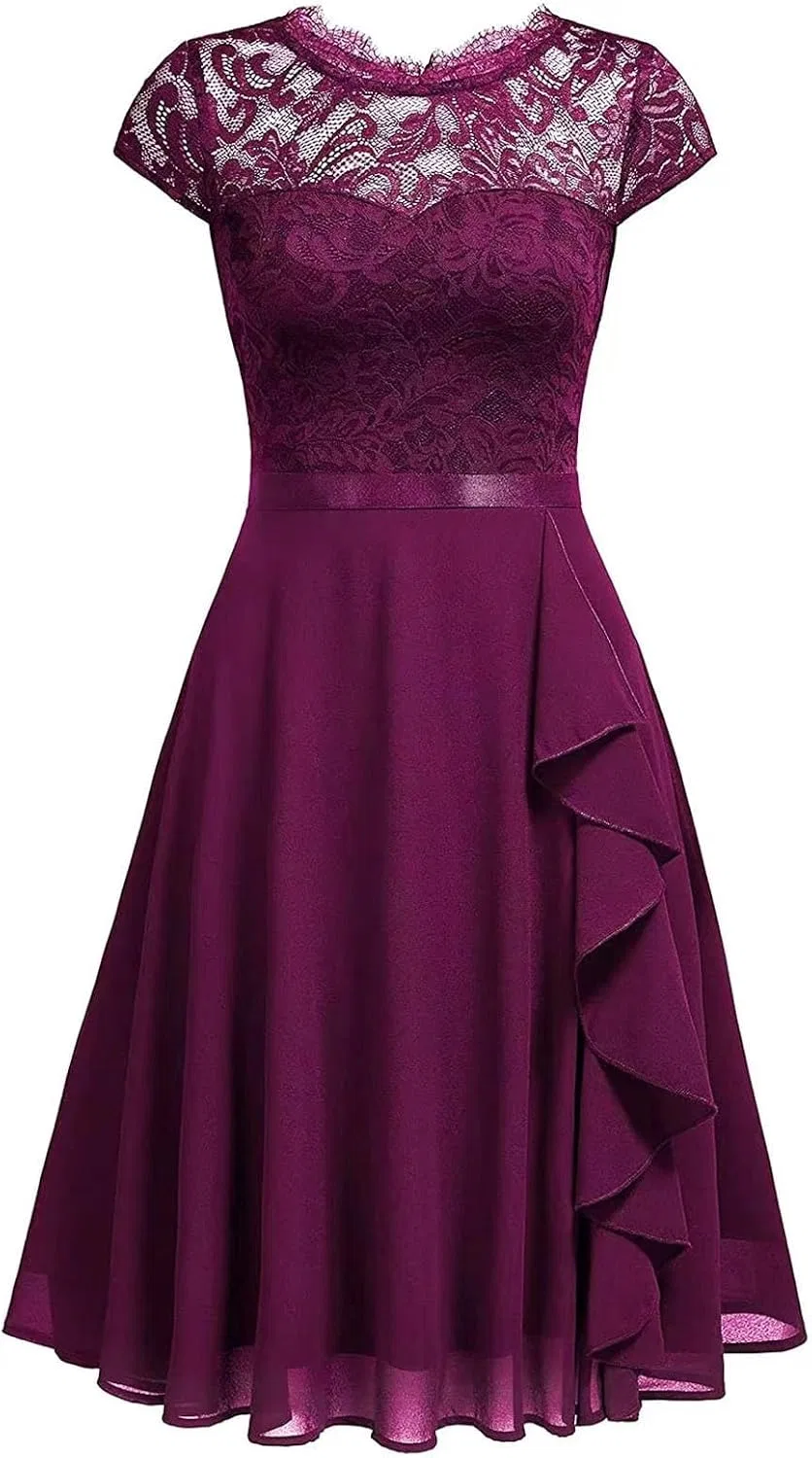 Женское платье из шифона с кружевом Vacation Casual Chiffon Lace, фиолетовый — фото 4