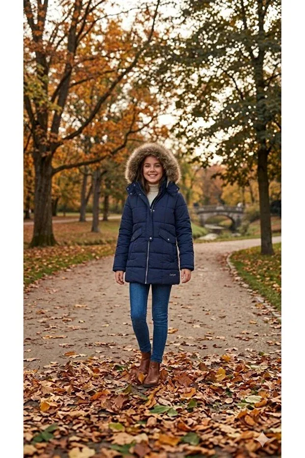 Детское пальто для девочек с длинным рукавом Faux fur detailed waterproof girls' winter parka Haanbebe, Navy Blue — фото 2