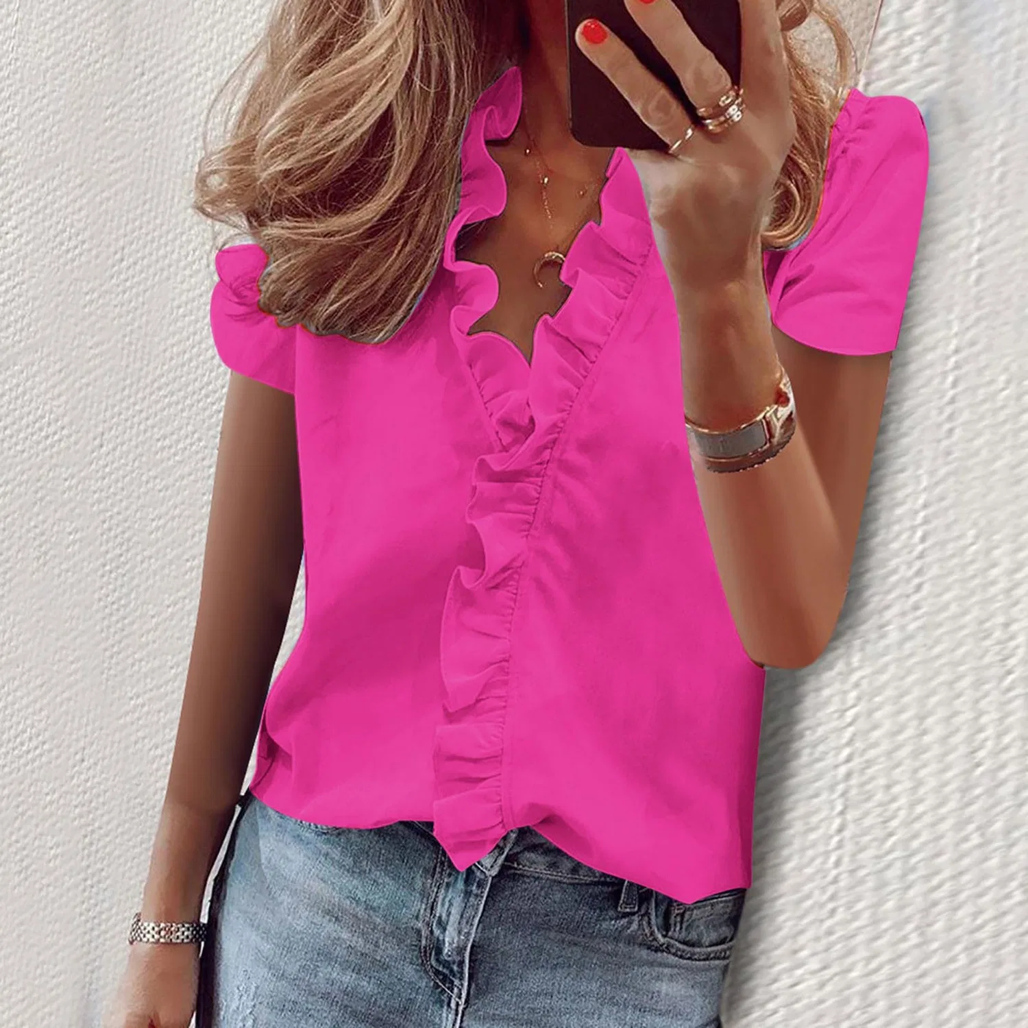Женская блуза с V-образным вырезом и рюшами с коротким рукавом, Short Sleeve - Hot Pink 03 — фото 2