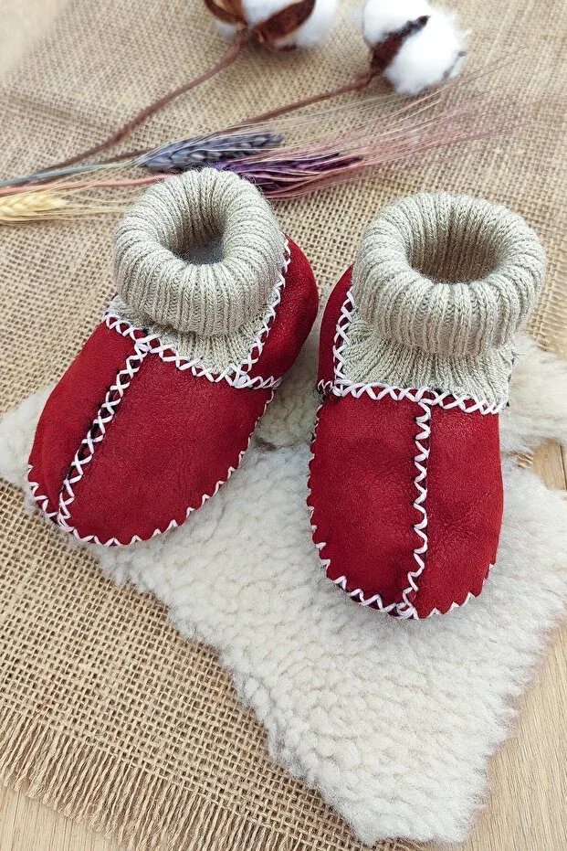Детские пинетки с принтом Organic leather unisex baby booties natural baby socks with wool inside stl718-22 Sitilin, Burgundy